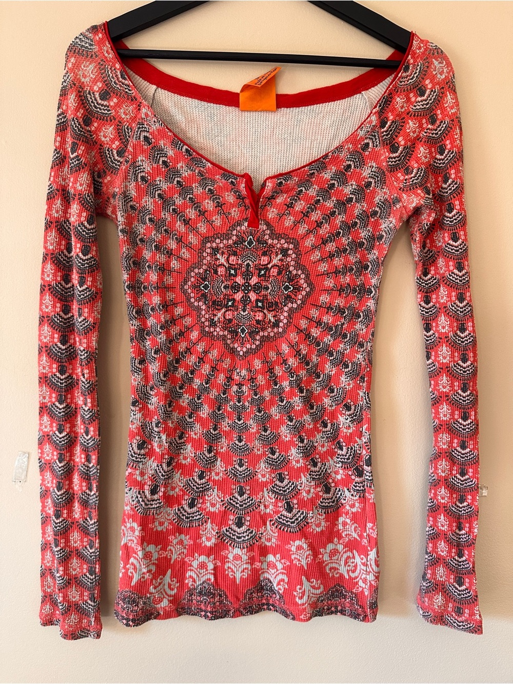 Free People Red Patterned Scoop-Neck Long Sleeve Top